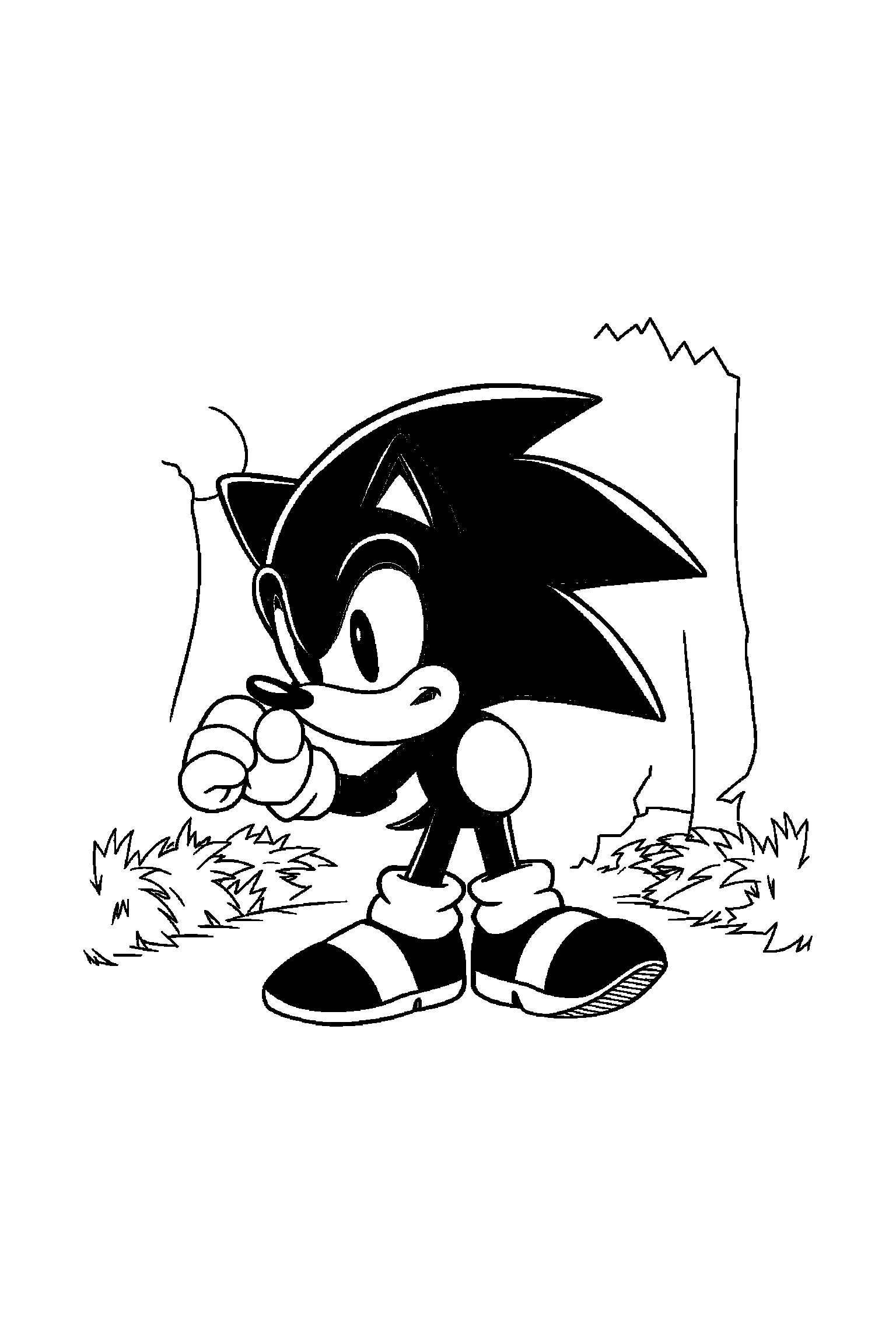 Coloriage Sonic gratuit à imprimer - scène avancée de vitesse avec décor à colorier Coloriage Sonic gratuit à imprimer : scène avancée de vitesse avec décor à colorier